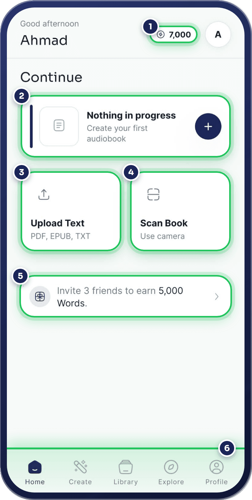 Hoowooh Home screen showing the Words balance, the Continue card, and the Upload Text and Scan Book shortcuts