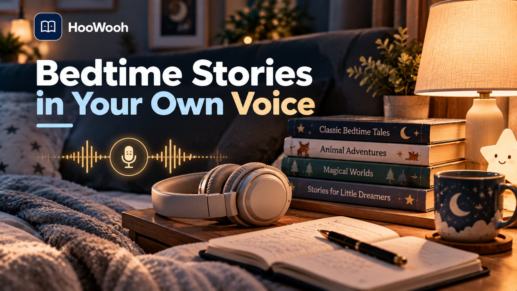 Hoowooh cover graphic titled 'Bedtime Stories in Your Own Voice - Personal AI Storytelling', with a related app interface and feature icons.