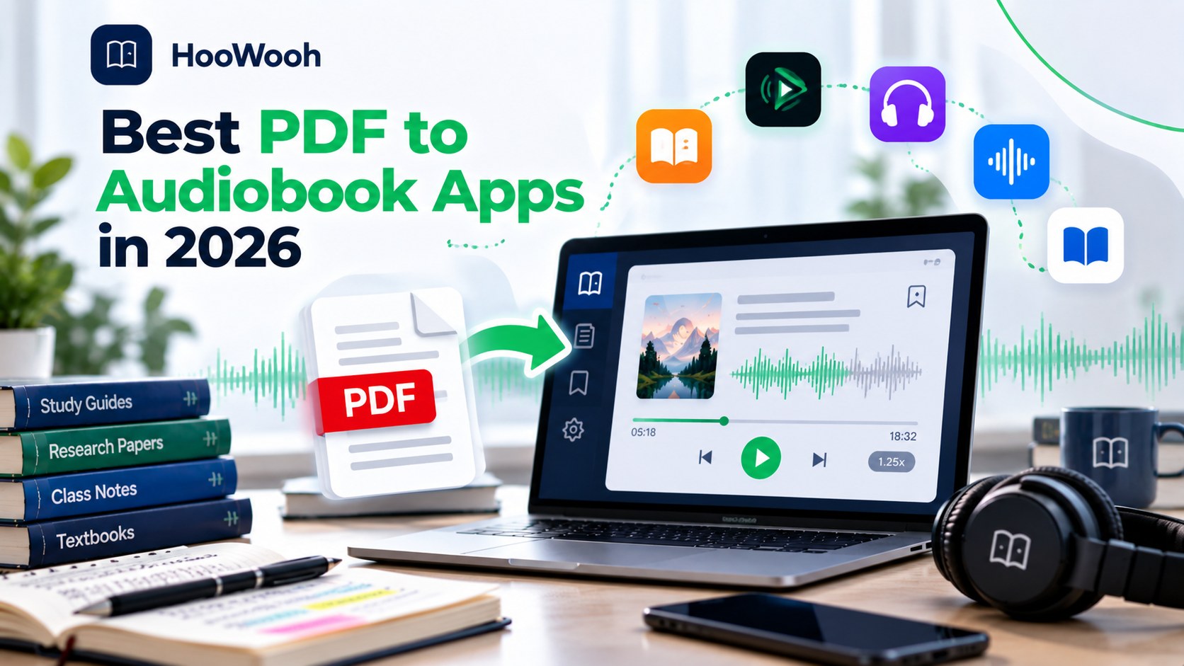 Hoowooh cover graphic titled 'Best PDF to Audiobook Apps in 2026 - What to Look For', with a related app interface and feature icons.