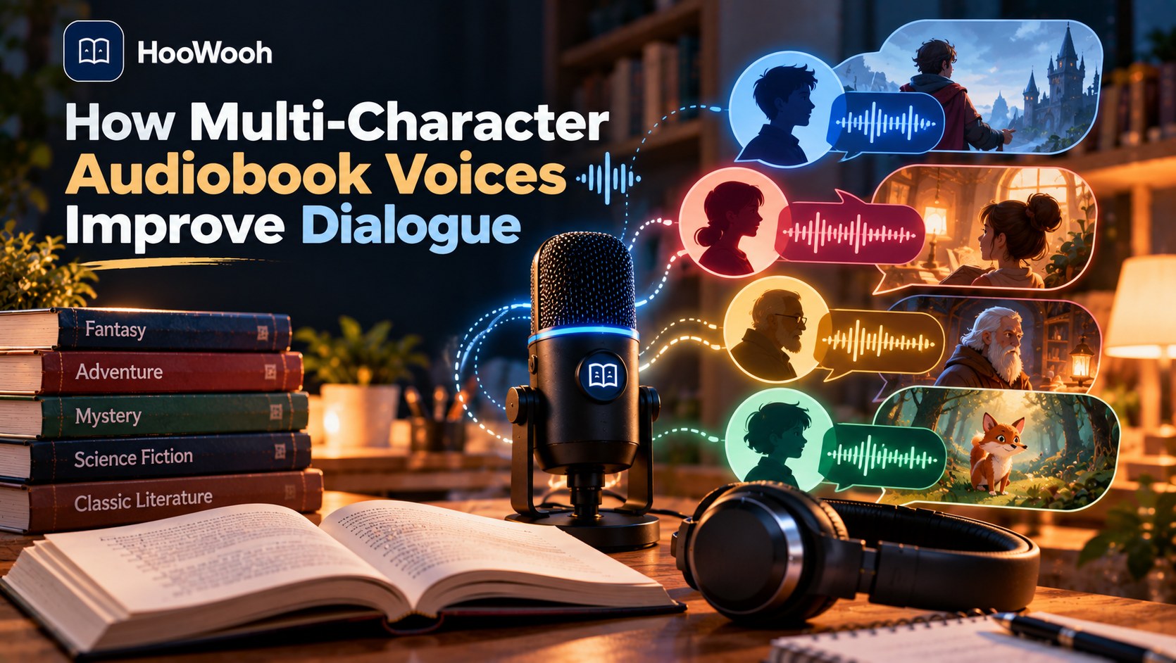 Hoowooh cover graphic titled 'How Multi-Character Audiobook Voices Improve Dialogue', with a related app interface and feature icons.