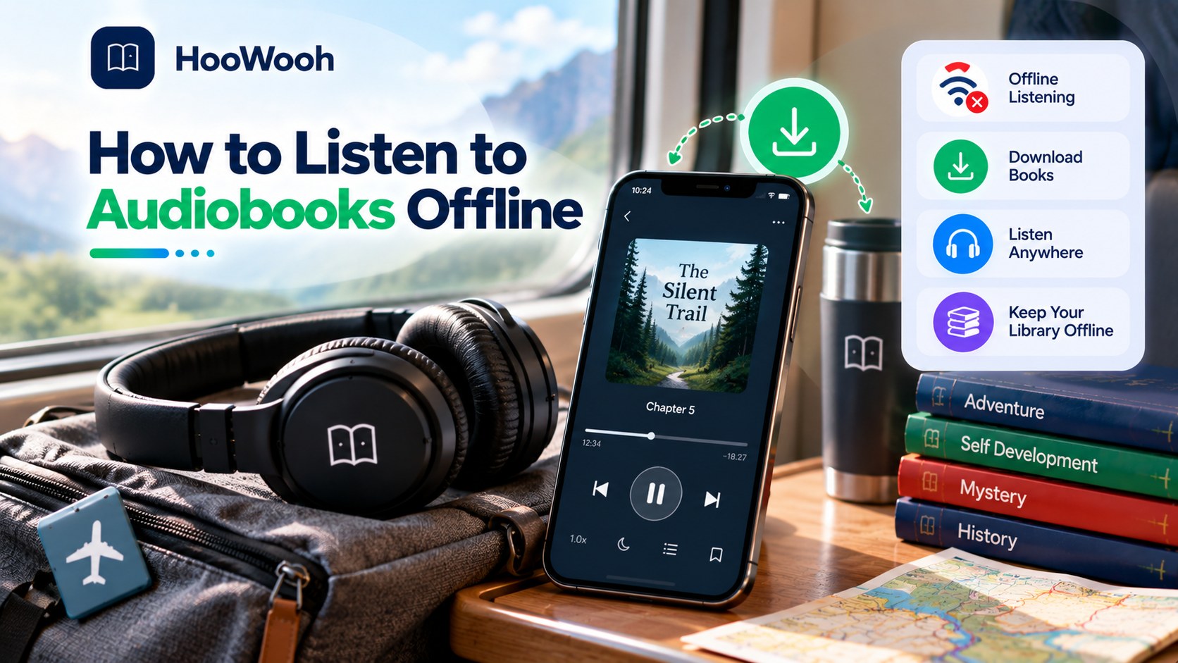 Hoowooh cover graphic titled 'How to Listen to Audiobooks Offline in 2026', with a related app interface and feature icons.