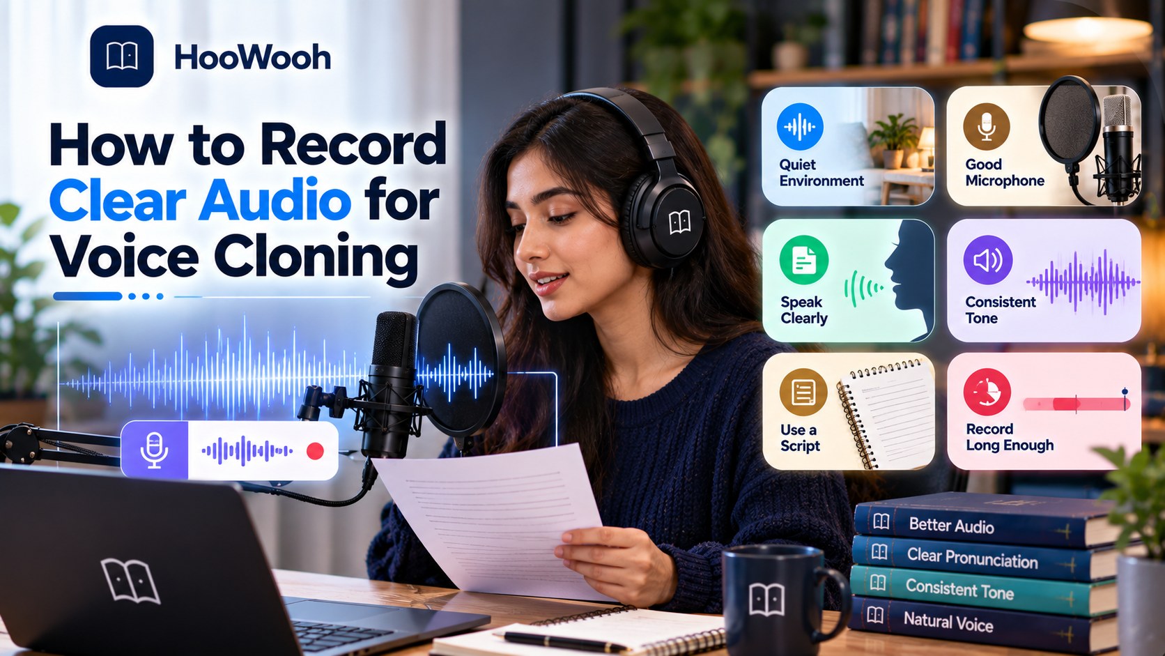 Hoowooh cover graphic titled 'How to Record Clear Audio for Voice Cloning in 2026', with a related app interface and feature icons.