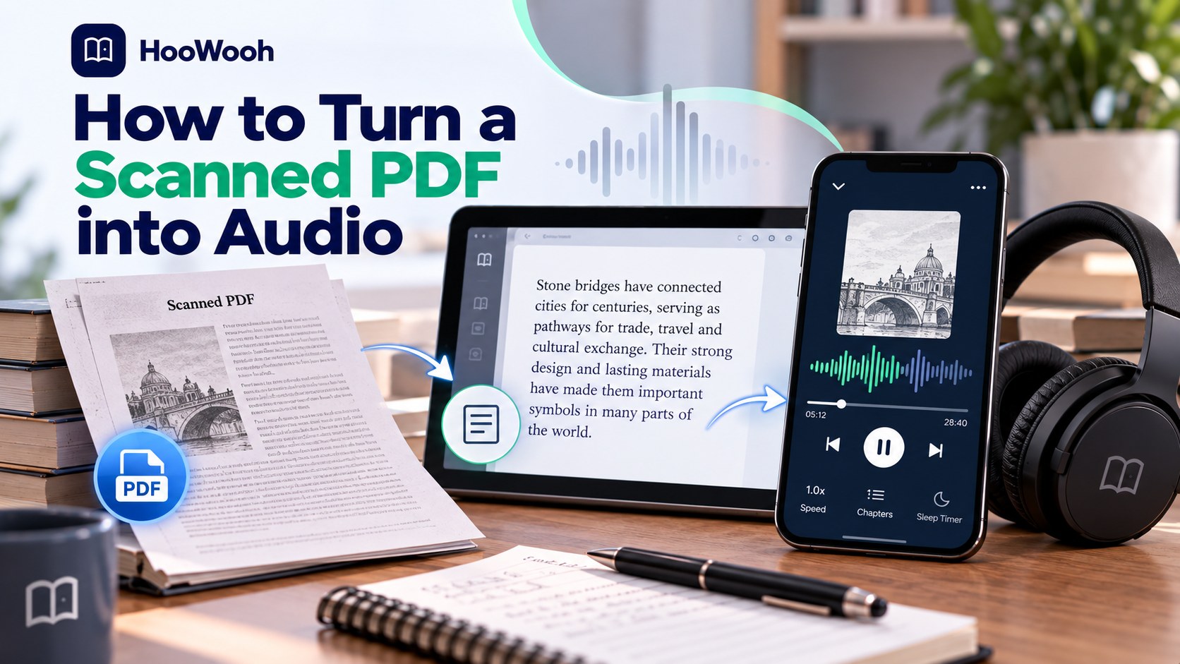 Hoowooh cover graphic titled 'How to Turn a Scanned PDF into Audio in 2026', with a related app interface and feature icons.