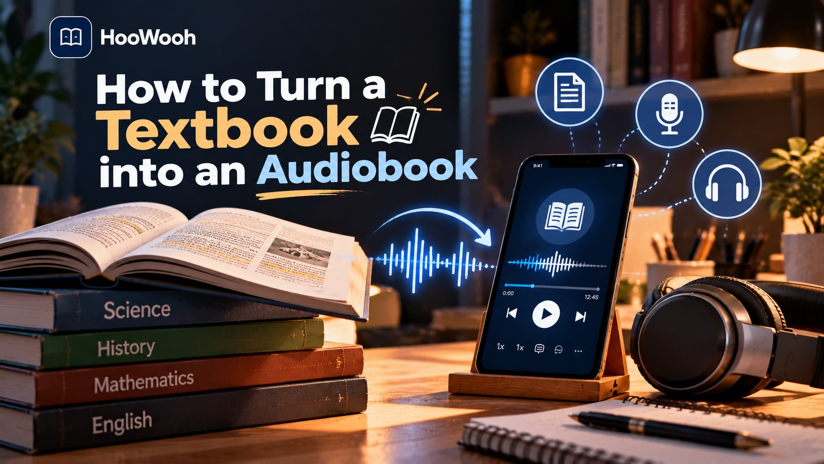Hoowooh cover graphic titled 'How to Turn a Textbook into an Audiobook - Easy Study', with a related app interface and feature icons.