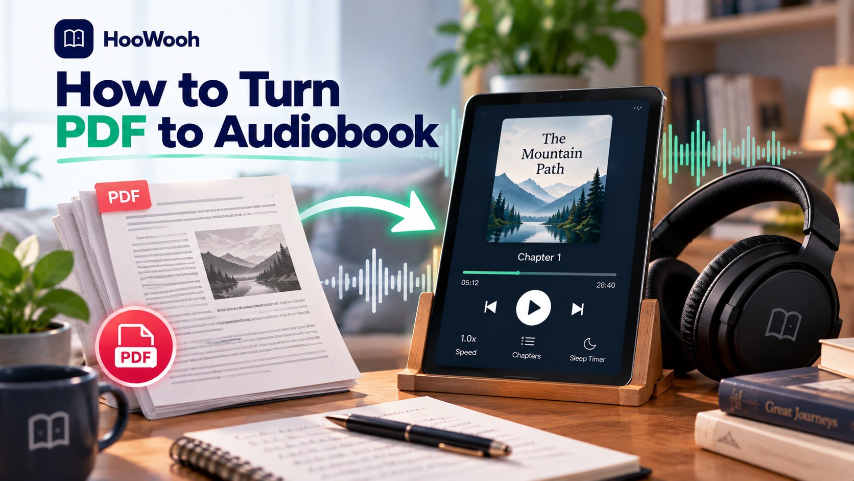 Hoowooh cover graphic titled 'How to Turn PDF to Audiobook in 2026 | Listen Offline', with a related app interface and feature icons.