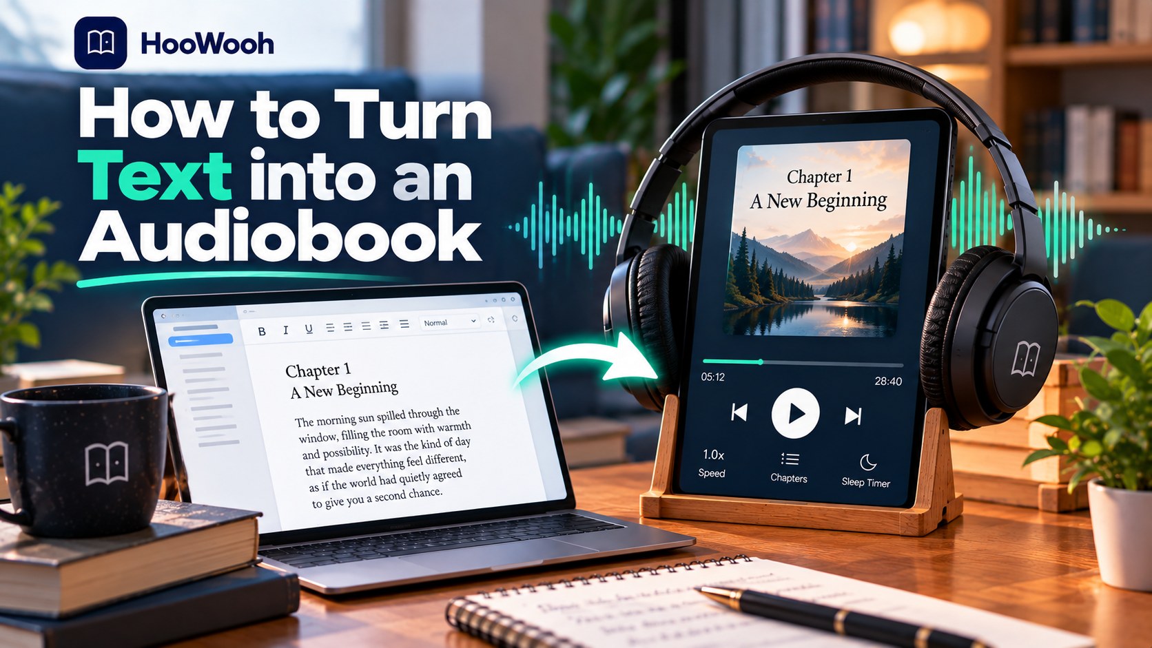 Hoowooh cover graphic titled 'How to Turn Text into an Audiobook in 2026', with a related app interface and feature icons.